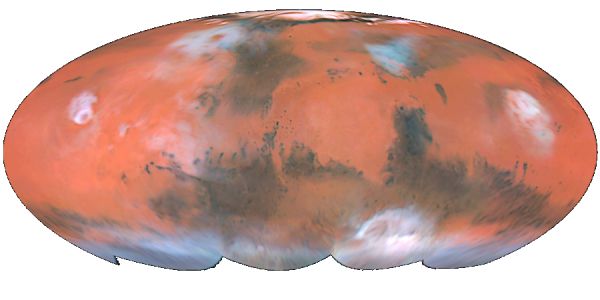 planeta Marte, vazuta din spatiu, vizualizare globala cu suprafata egala (mollweide)